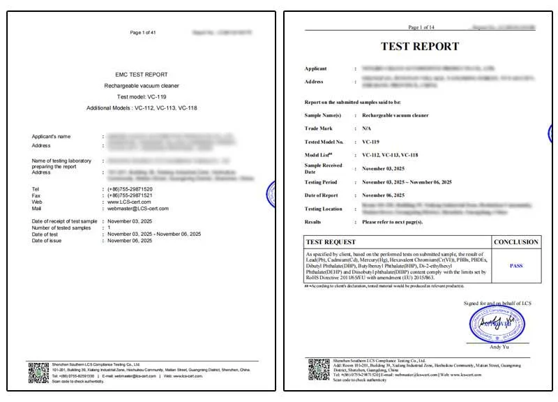 LCS lab test reports of rechargeable car vacuum cleaner, EMC electromagnetic compatibility and hazardous substance test passed
